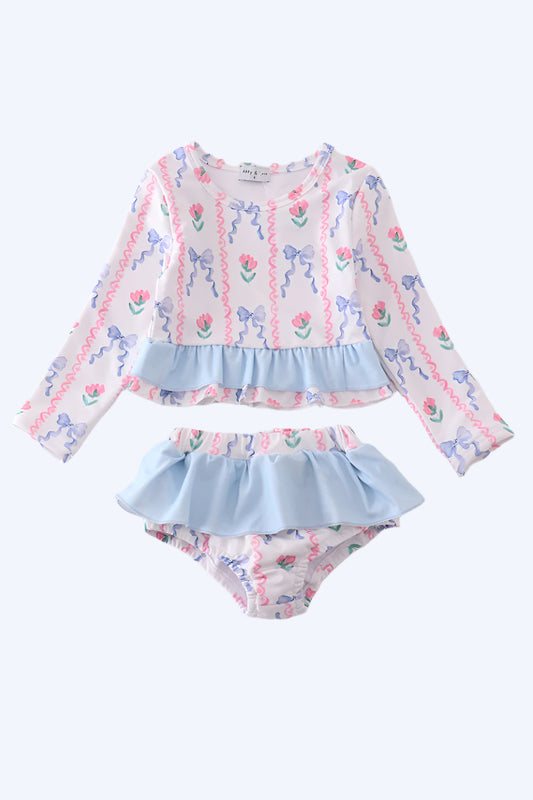 BLUE FLORAL BOW RASHGUARD 2PC SWIMSUIT UPF50+