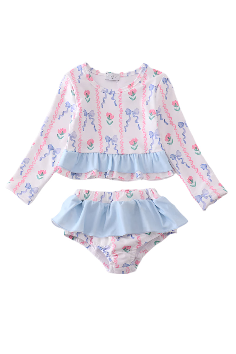 Blue Floral Bow Rashguard 2pc Swimsuit UPF50+