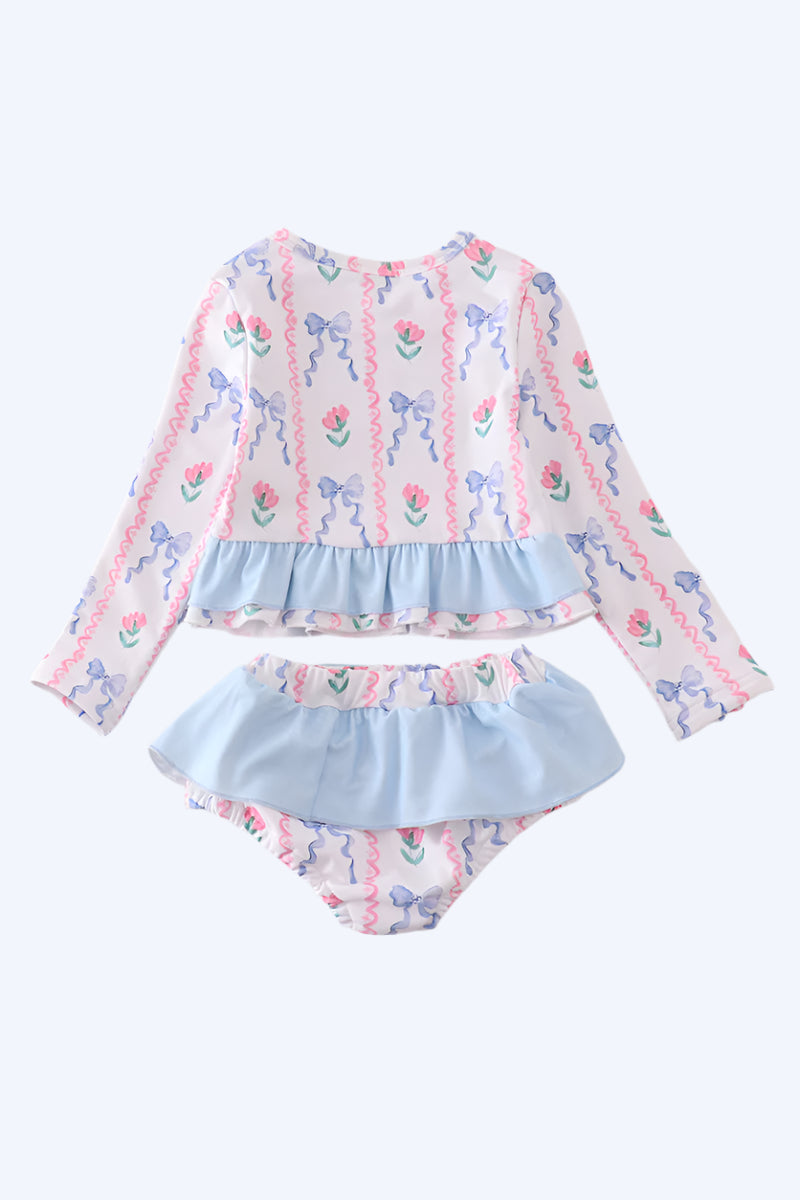 BLUE FLORAL BOW RASHGUARD 2PC SWIMSUIT UPF50+
