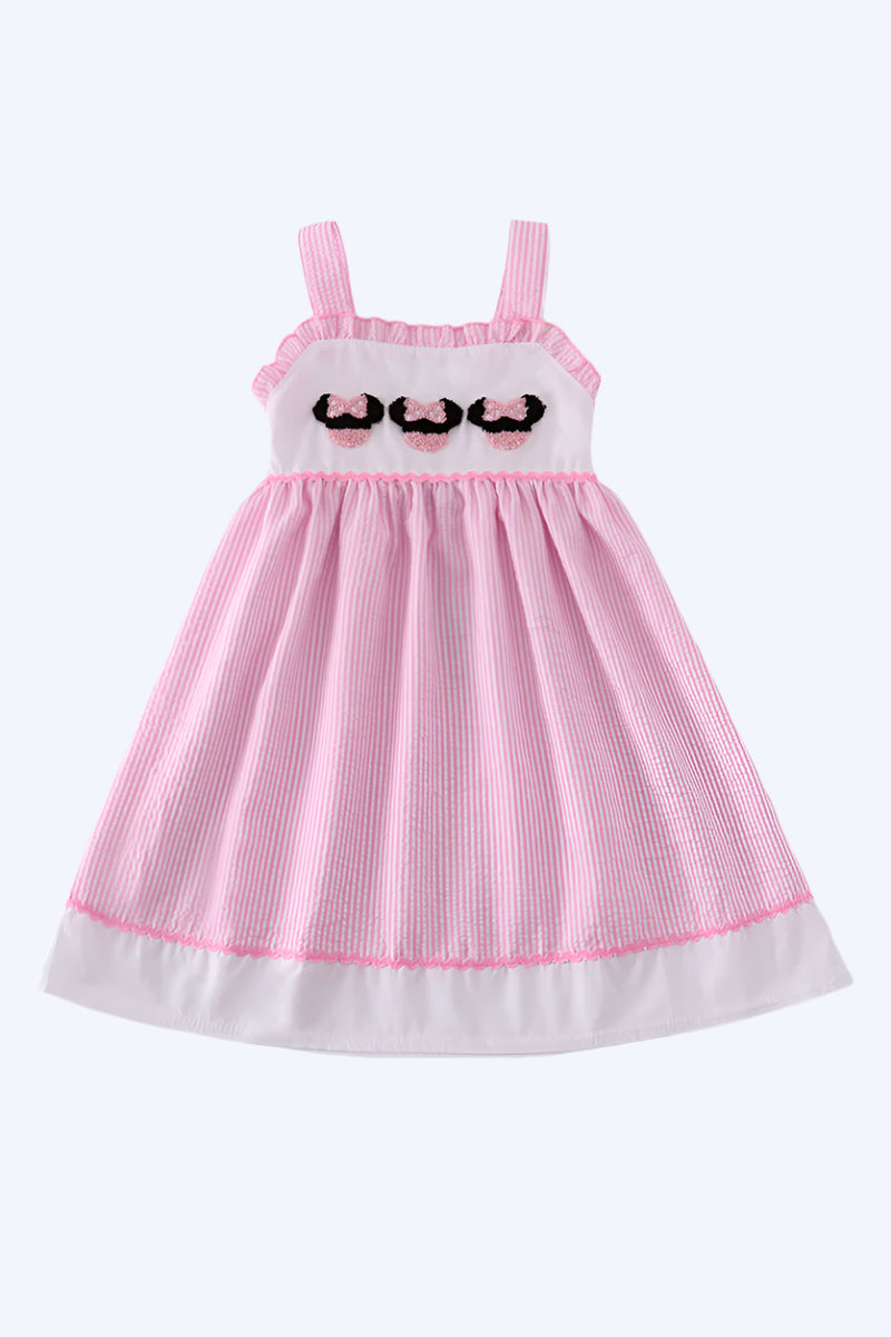 MAGICAL MOUSE - PINK STRIPE SEERSUCKER CHARACTER FRENCH KNOT DRESS