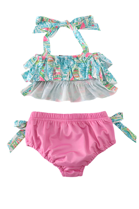 Teal Palm Beach Wave Sailboat Print 2 Pc Girl Swimsuit