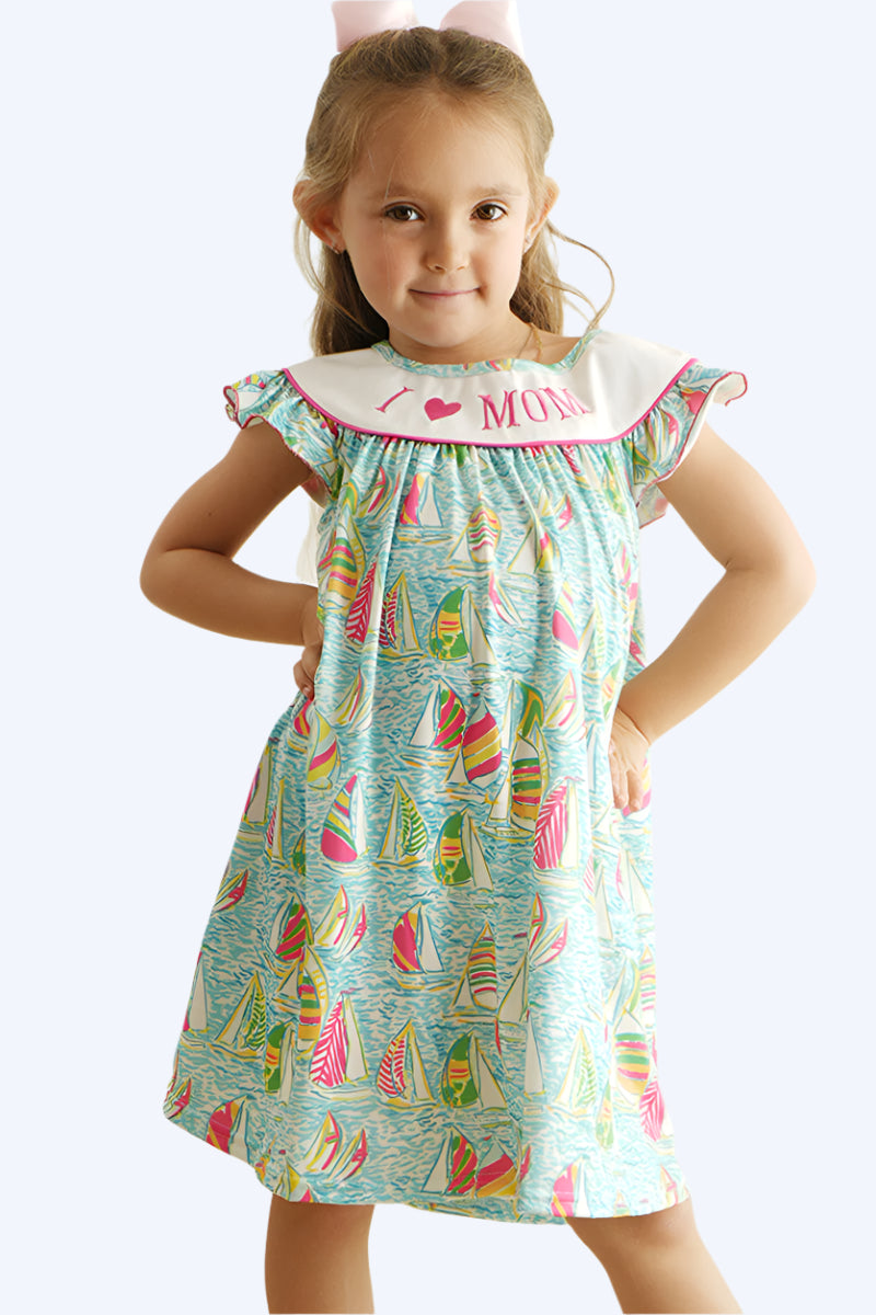 GREEN SAILBOAT I LOVE MOM EMBROIDERY GIRL DRESS