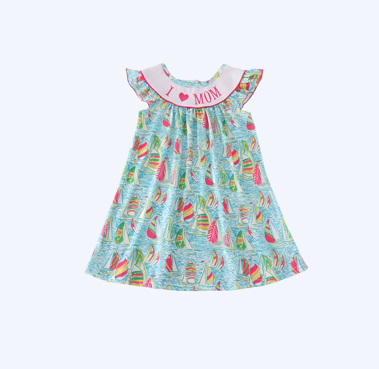 GREEN SAILBOAT I LOVE MOM EMBROIDERY GIRL DRESS