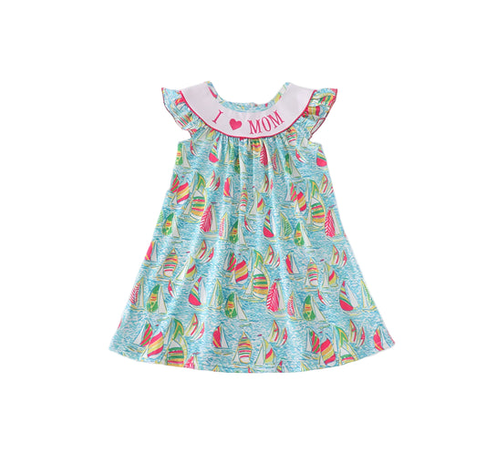 Green Sailboat I Love Mom Embroidery Girl Dress