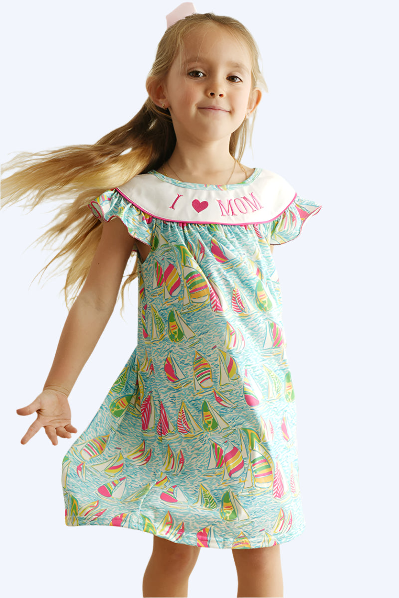 GREEN SAILBOAT I LOVE MOM EMBROIDERY GIRL DRESS