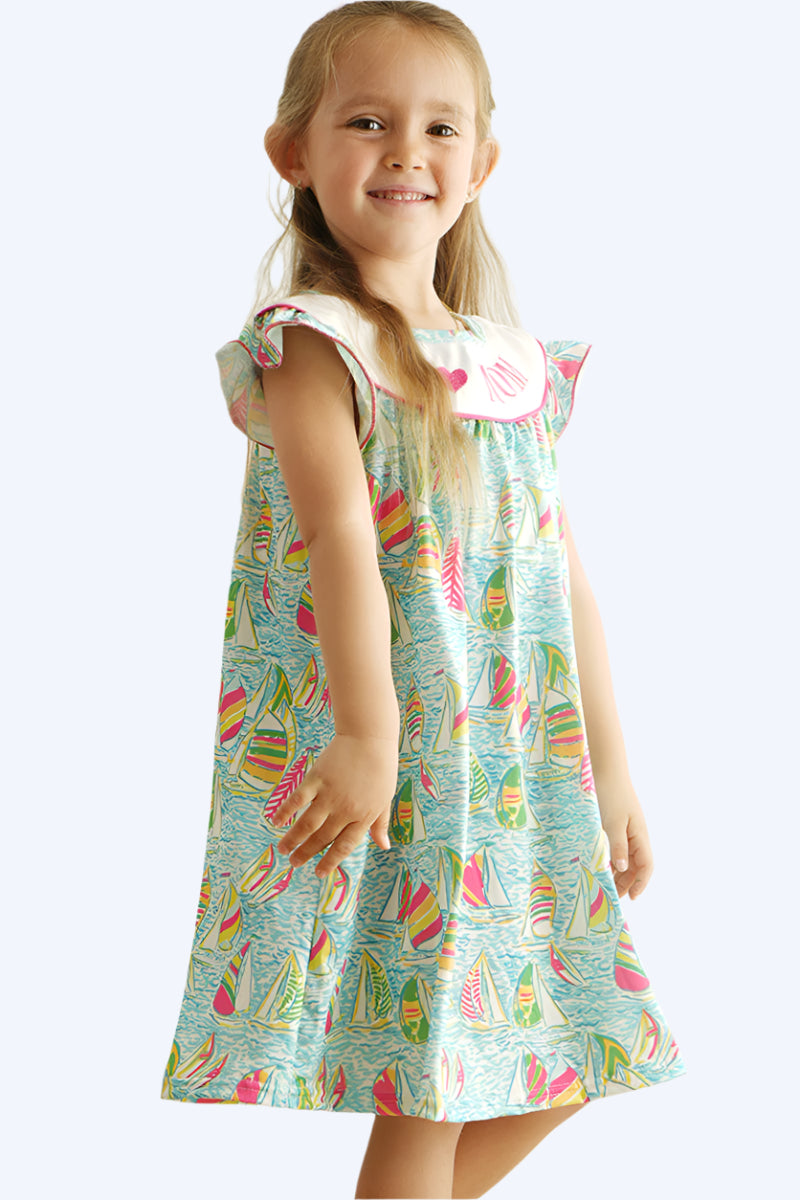 GREEN SAILBOAT I LOVE MOM EMBROIDERY GIRL DRESS