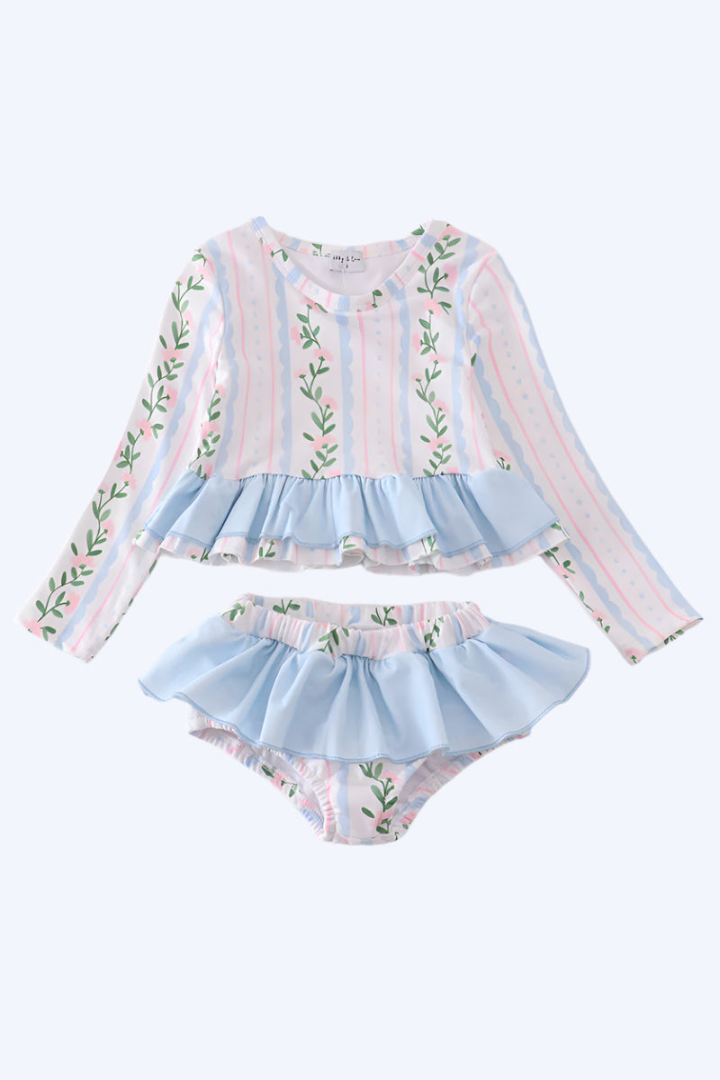 Blue floral print ruffle 2pc rashguard swimsuit UPF50+