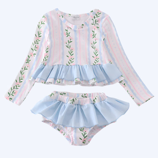BLUE FLORAL PRINT RUFFLE 2PC RASHGUARD SWIMSUIT UPF50+