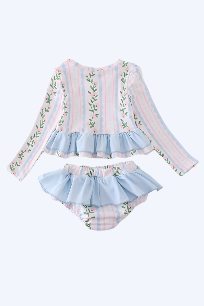 Blue floral print ruffle 2pc rashguard swimsuit UPF50+