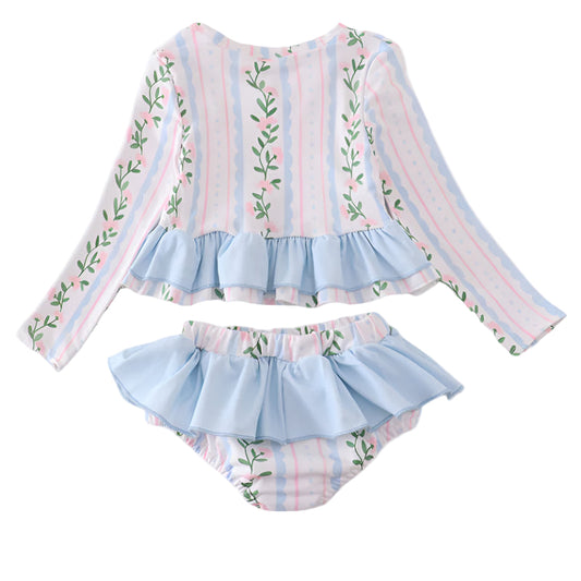 Blue Floral Print Ruffle 2pc Rashguard Swimsuit UPF50+