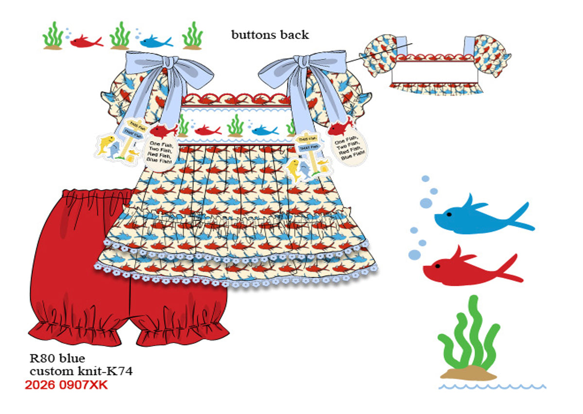 Girls Hand-Smocked Storybook Fish Bloomer Set - Red & Blue