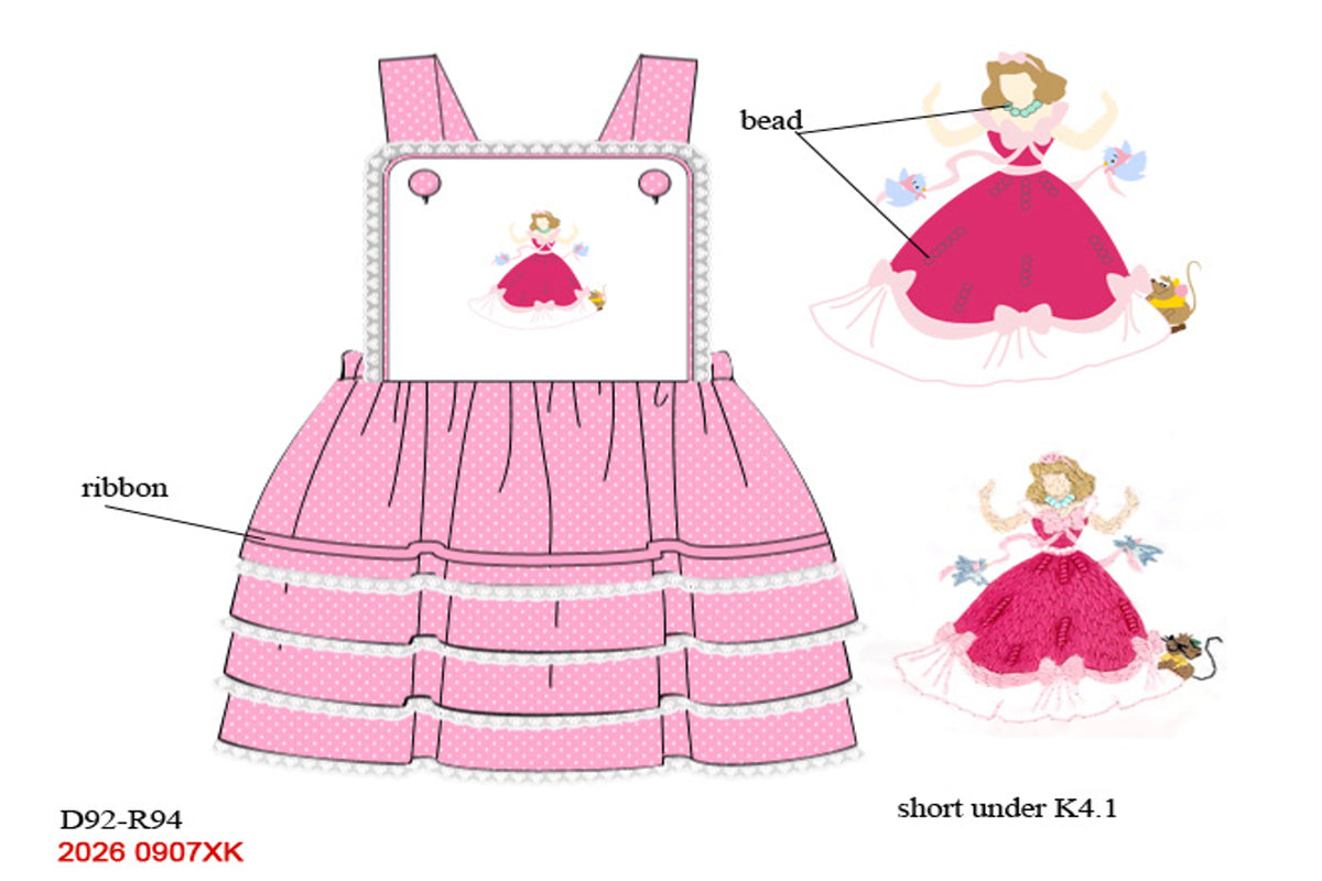 Girls Embroidered Storybook Princess Pinafore Dress - Pink