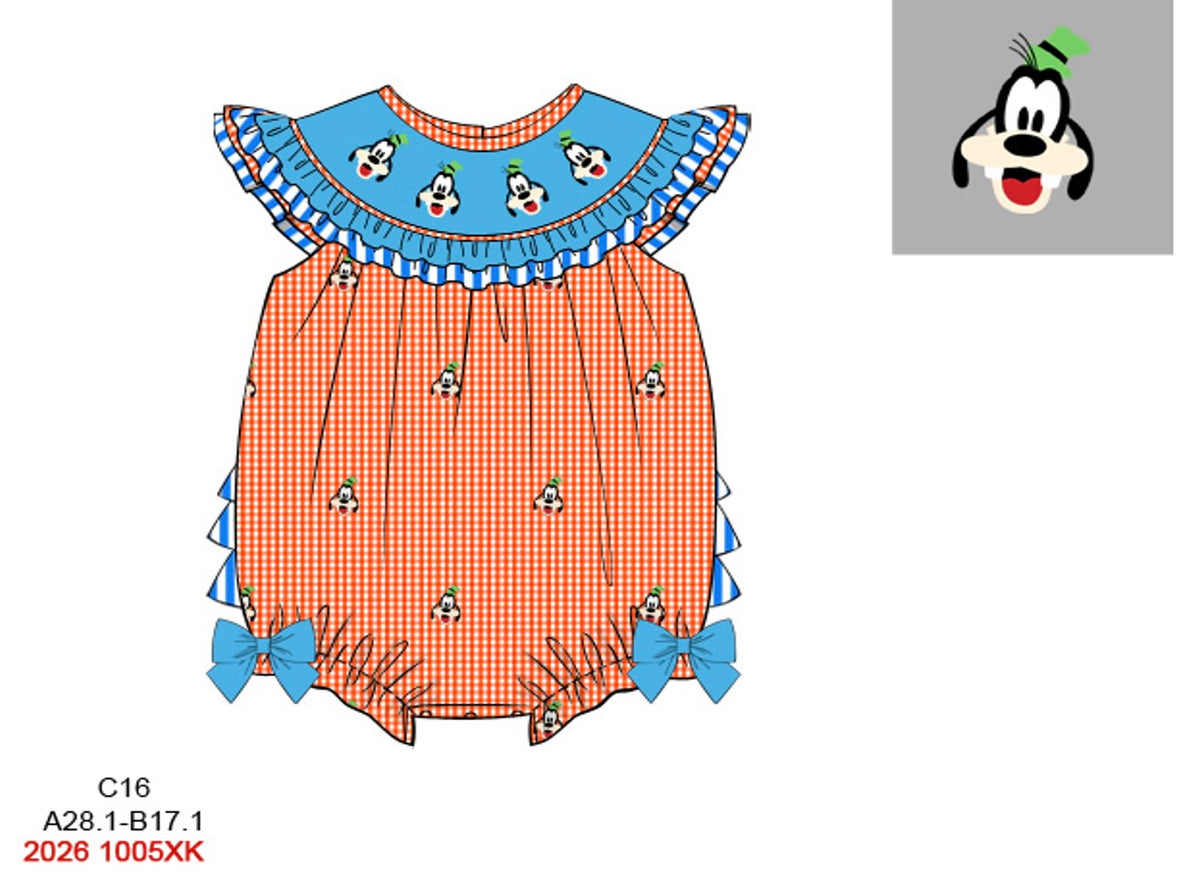 Baby Girls Hand-Smocked Silly Pup Bubble Romper - Orange Gingham