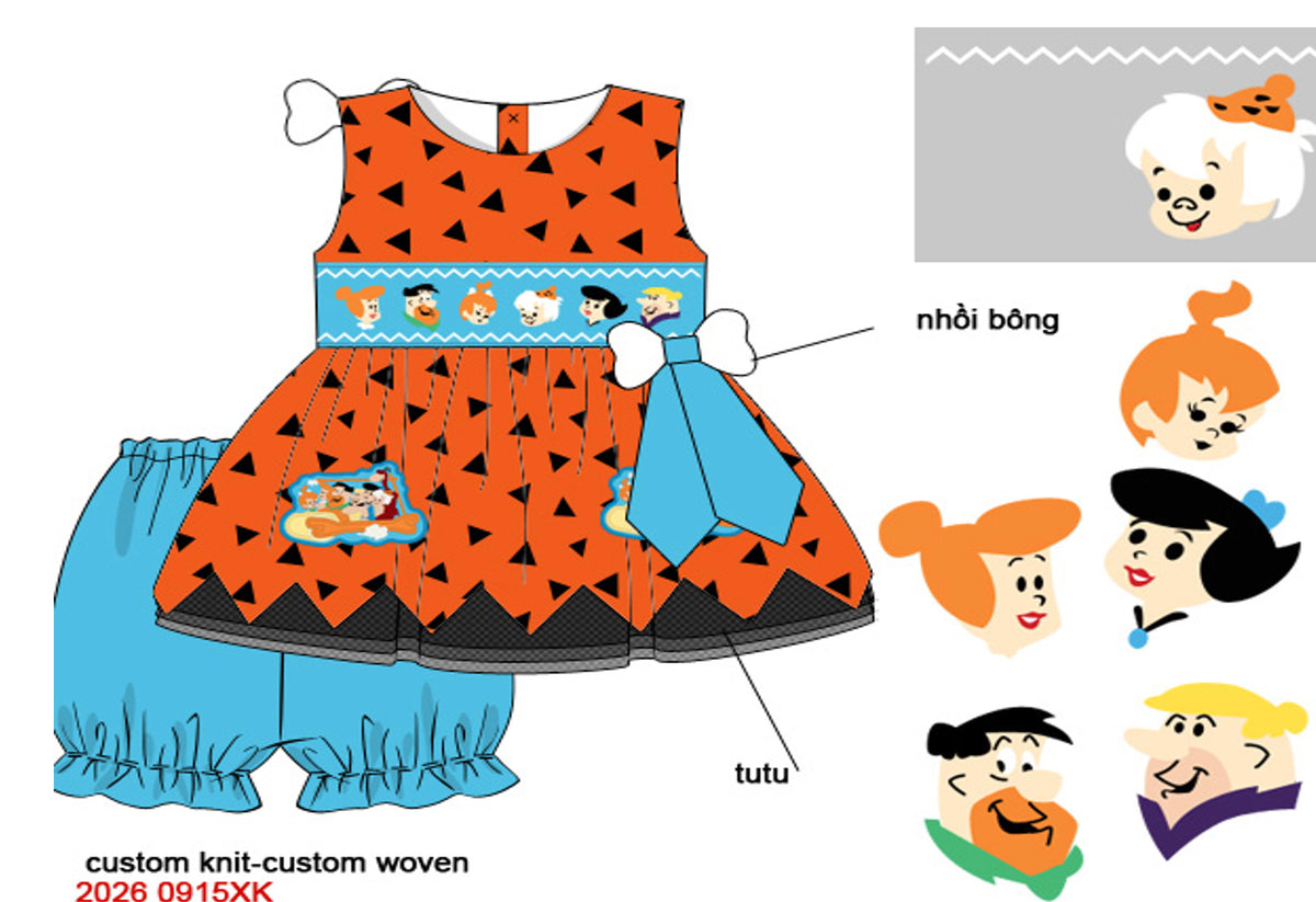 Girls Hand-Smocked Prehistoric Bloomer Set - Orange & Blue