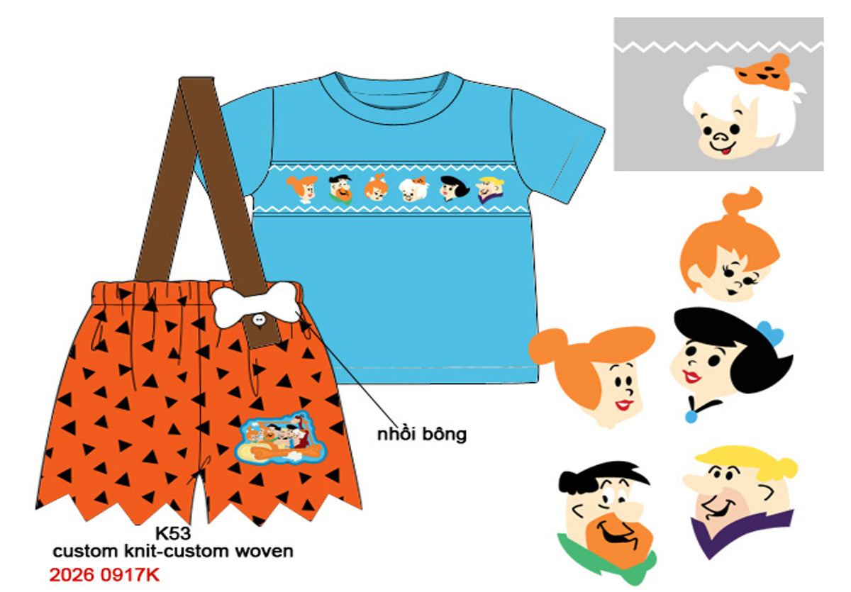 Boys Hand-Smocked Prehistoric Short Set - Blue & Orange