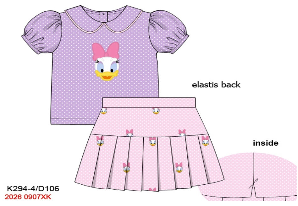 Girls Embroidered Storybook Duck Skirt Set - Lavender & Pink