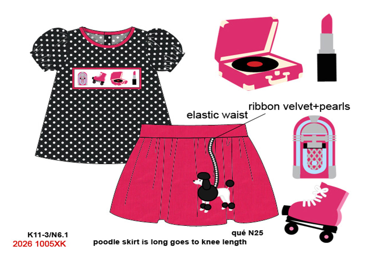 Girls Hand-Smocked 1950s Poodle Skirt Set - Black & Pink 2PC