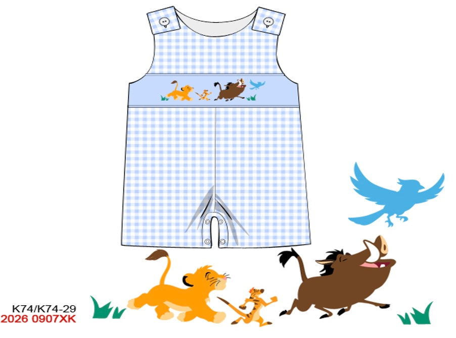 Baby Boys Hand-Smocked Savanna Friends Jon Jon - Blue Gingham