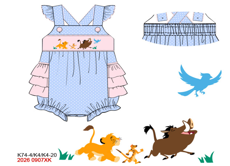 Baby Girls Hand-Smocked Savanna Friends Bubble - Blue Polka Dot