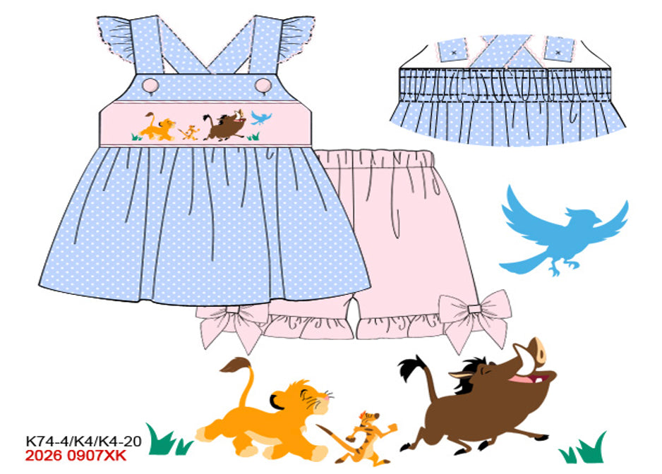 Girls Hand-Smocked Savanna Friends Bloomer Set - Blue & Pink
