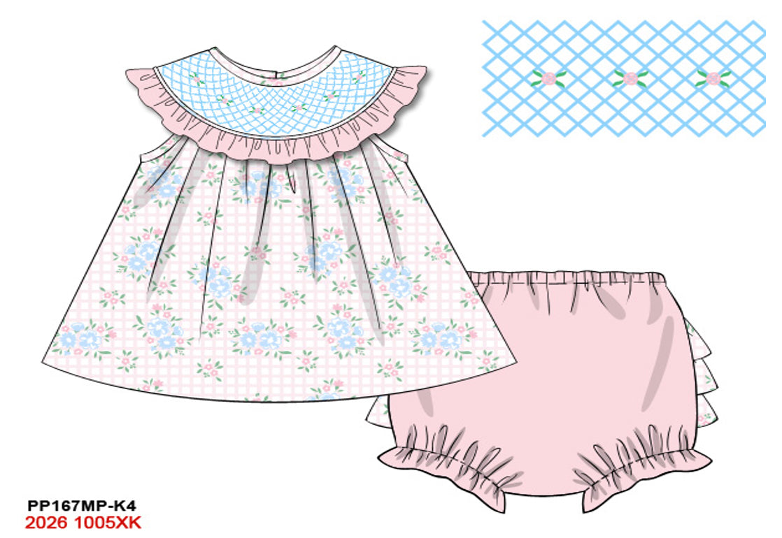 Girls Hand-Smocked Vintage Floral Bloomer Set - Pink Check