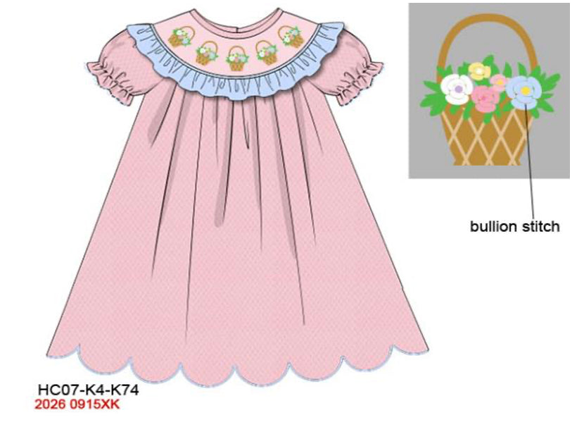 Girls Hand-Smocked Flower Basket Dress - Pastel Pink Woven