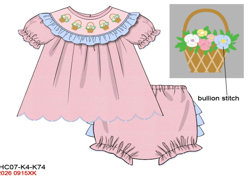 Girls Hand-Smocked Flower Basket Bloomer Set - Pastel Pink