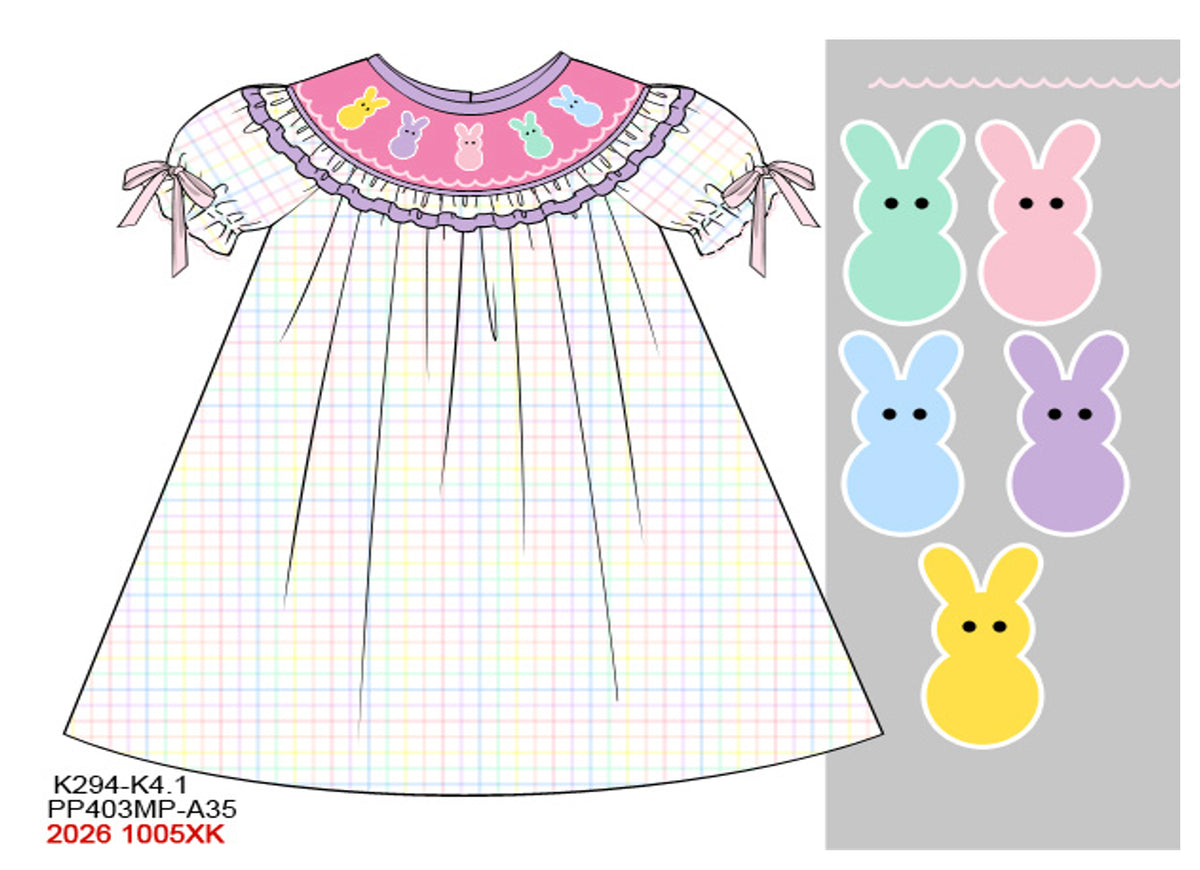 Girls Hand-Smocked Easter Bunny Bishop Dress - Pastel Plaid