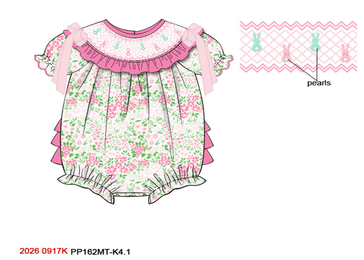 Baby Girl Hand-Smocked Easter Bunny Bubble Romper - Pink Floral