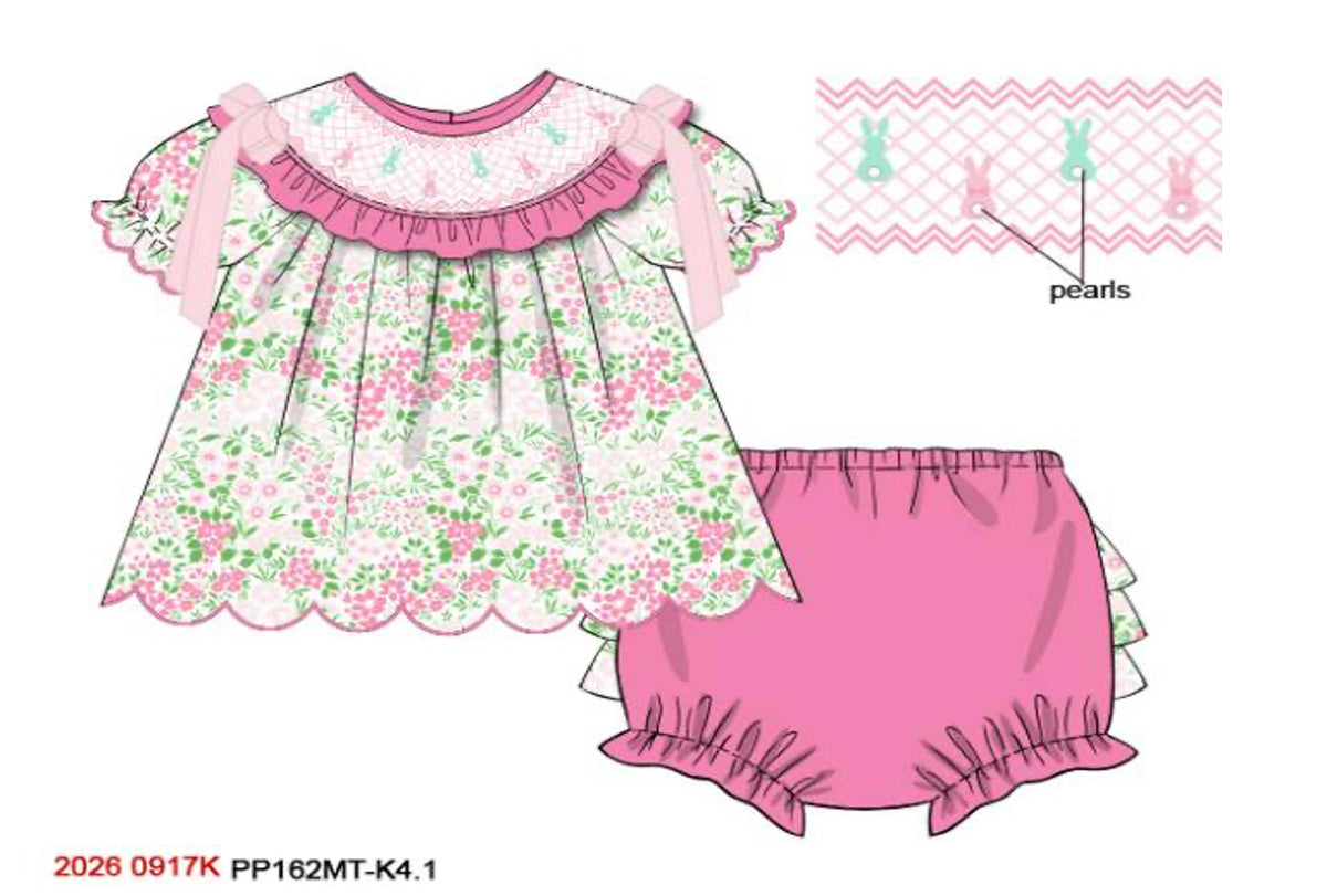 Girls Hand-Smocked Easter Bunny Bloomer Set - Pink Floral