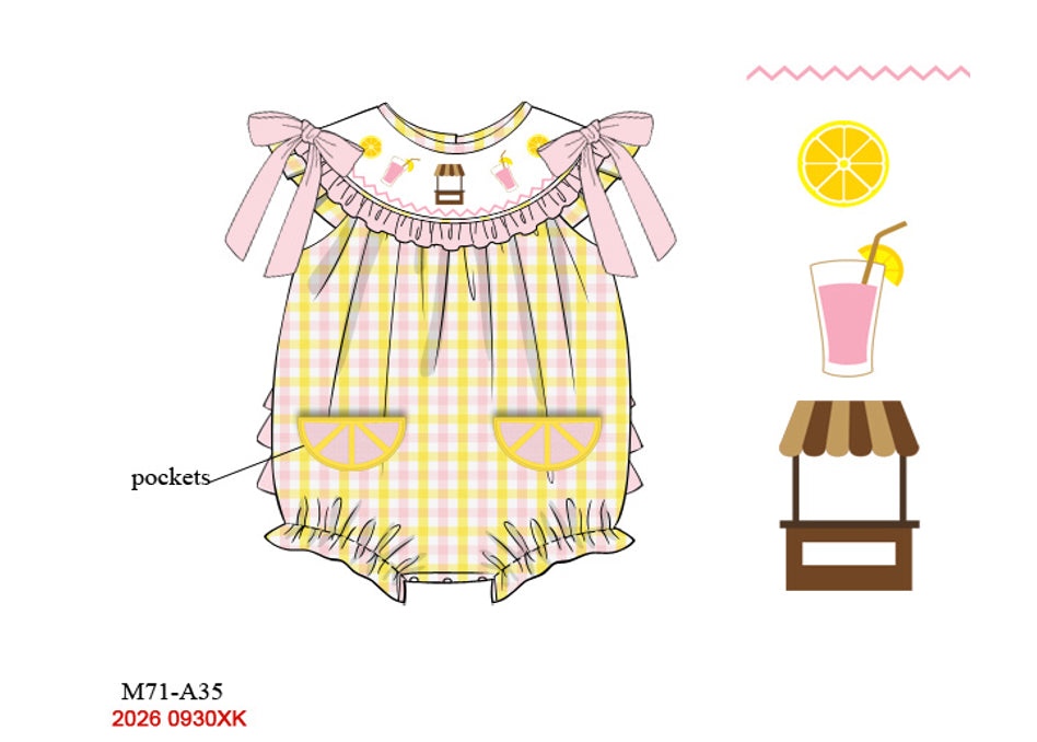 Girls Hand-Smocked Lemonade Stand Bubble Romper - Yellow Gingham