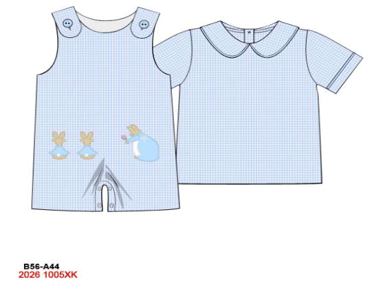Boys Hand-Embroidered Easter Bunny Jon-Jon Set - Blue Gingham