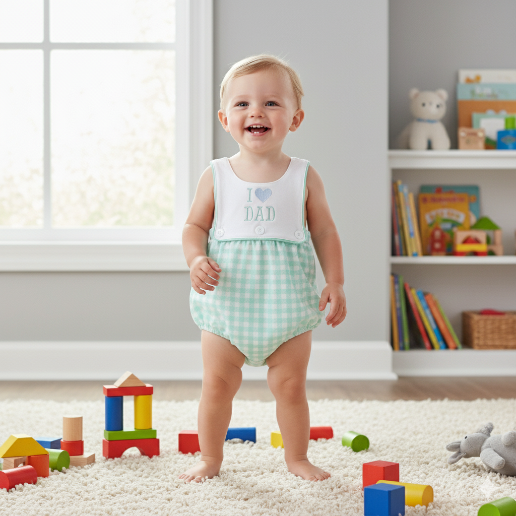 Baby Boys “I Love Dad” Gingham Embroidered Bubble Romper