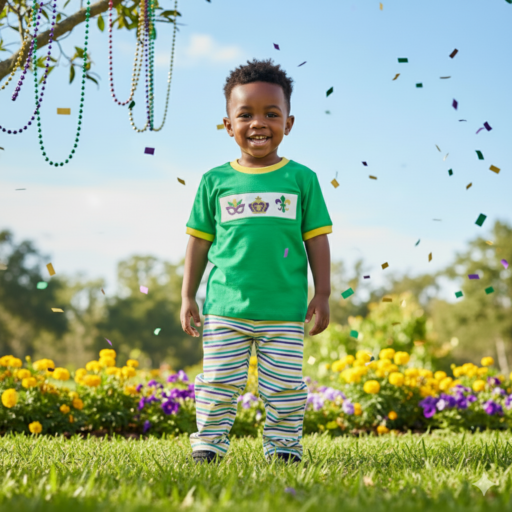 BOYS HAND SMOCKED MARDI GRAS PANT SET