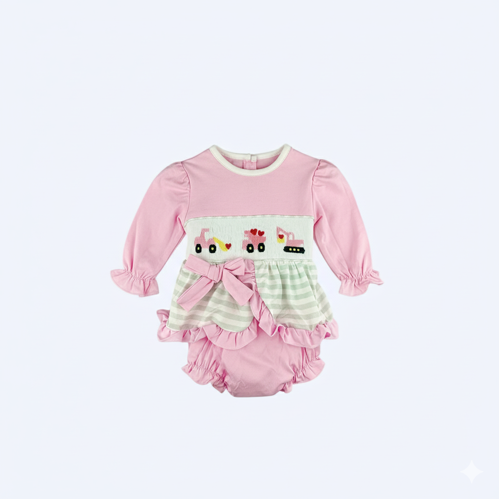 VALENTINES DAY CONSTRUCTION HEARTS - HAND SMOCKED - GIRL BLOOMER SET