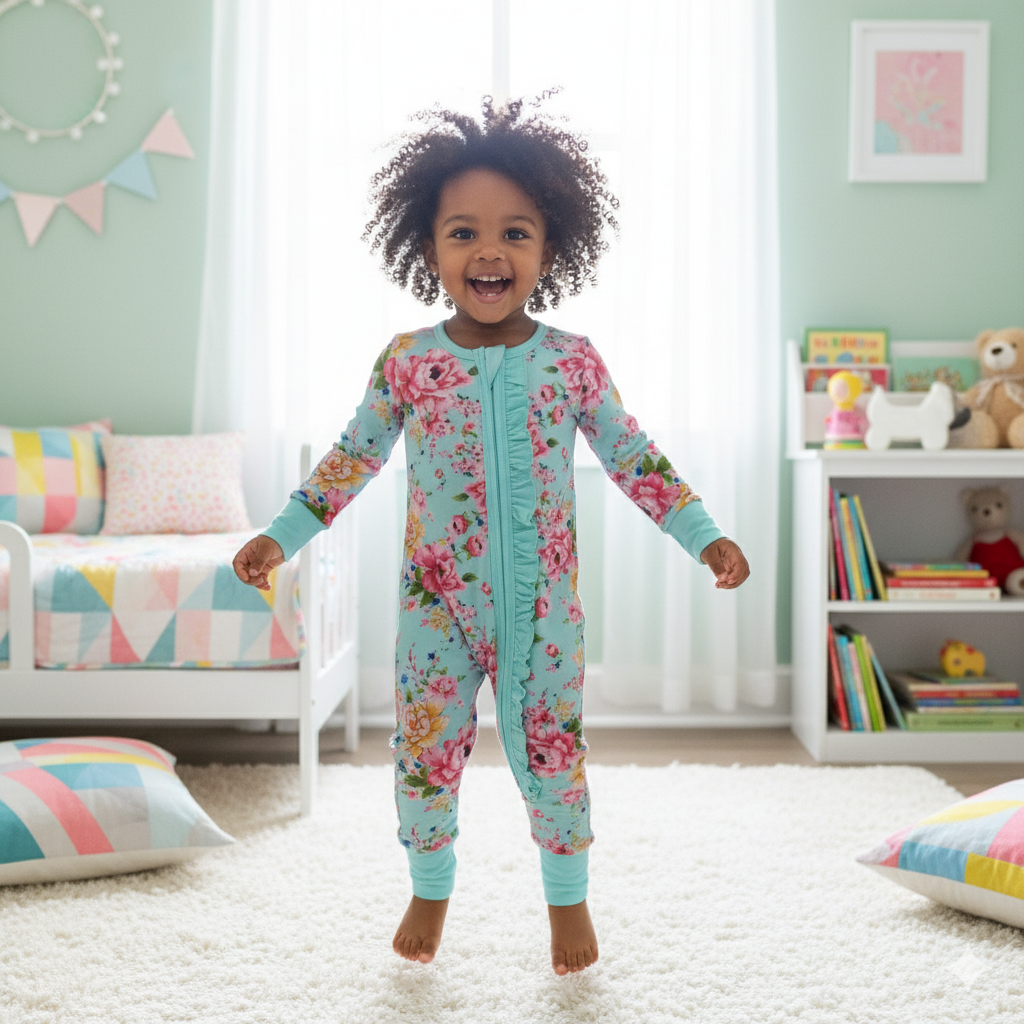 TEAL FLORAL RUFFLE BUTT SLEEPER WITH HAND AND FOOTIE COVERS