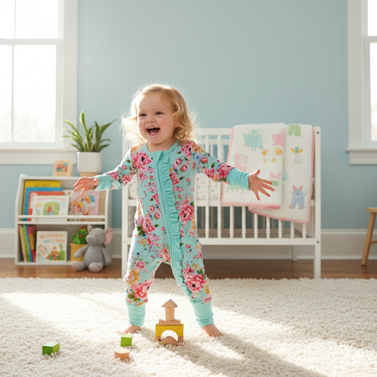 Teal Floral Ruffle Butt Sleeper With Hand And Footie Covers Zippy