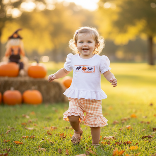 HALLOWEEN EMBROIDERY PLAID GIRL SHORTS SET