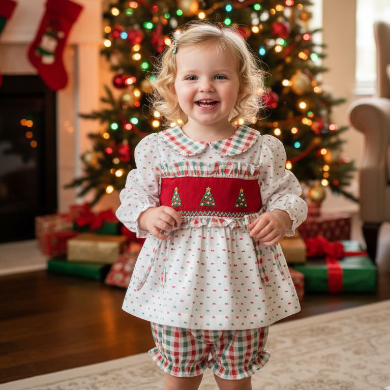 GIRLS HAND SMOCKED SWISS DOT CHRISTMAS TREE BLOOMER SET