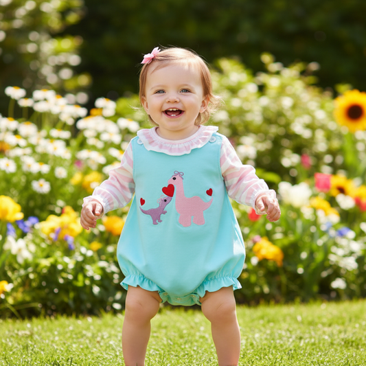 VALENTINE DINOSAUR EMBROIDERY GIRL BUBBLE AND SHIRT SET