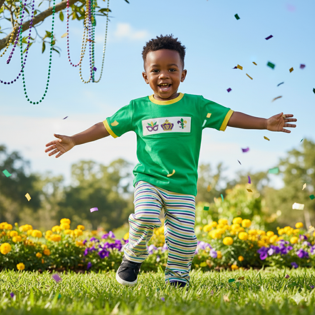 BOYS HAND SMOCKED MARDI GRAS PANT SET