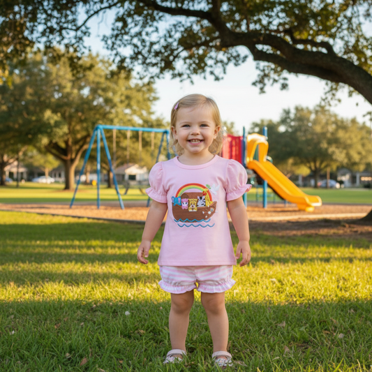 SUNDAY BEST - PINK NOAH'S ARK APPLIQUÉ BABY GIRL BLOOMER SET