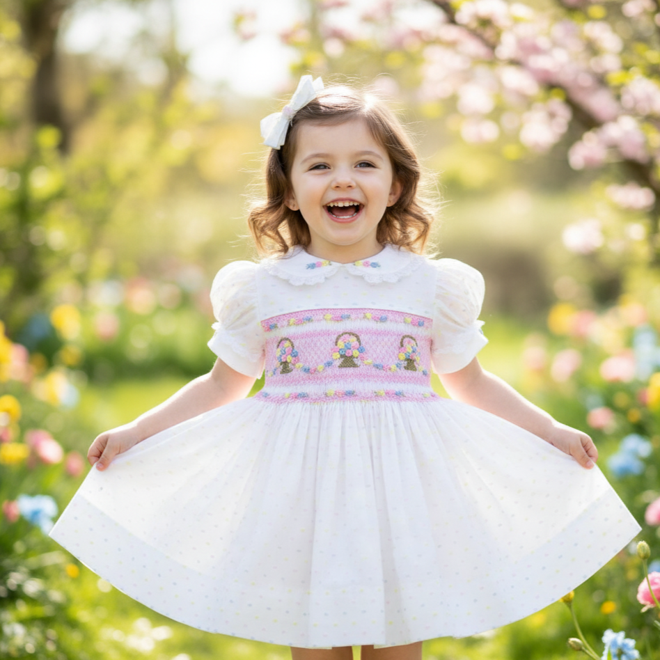 PINK FLOWER BASKET HAND SMOCKED WITH HAND EMBROIDERED DRESS