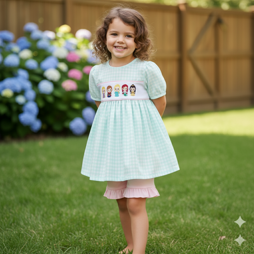 MAGICAL - BLUE PRINCESS EMBROIDERY GIRL GINGHAM SHORTS SET