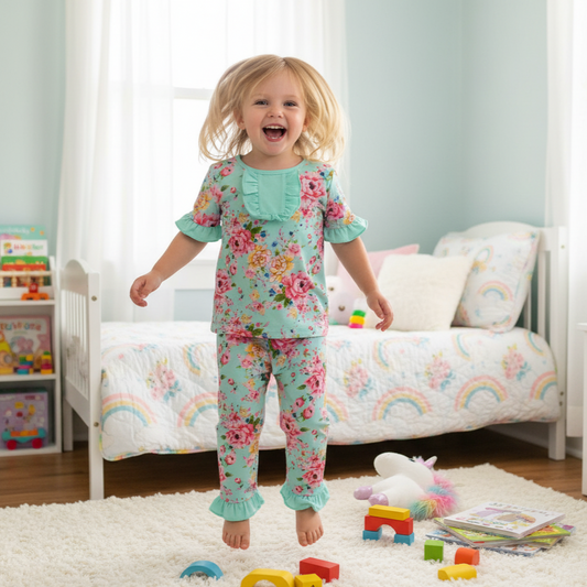 Teal Floral Short Sleeve Pajama Set