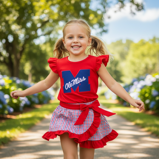 RED OLE MISS EMBROIDERY GIRL SKORT SET