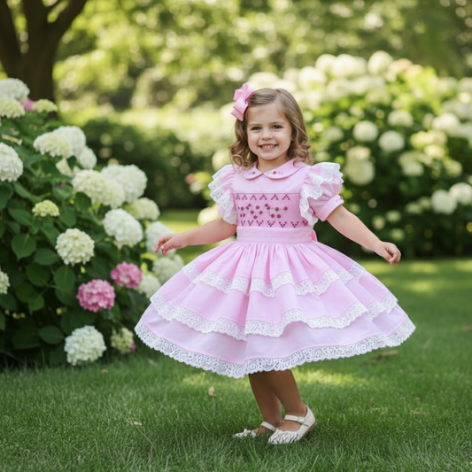 PINK 2PC DRESS WITH DETACHABLE APRON - HAND SMOCKED WITH HAND EMBROIDERED DRESS