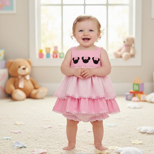 PINK BOW MOUSE FRENCH KNOT BLOOMER SET