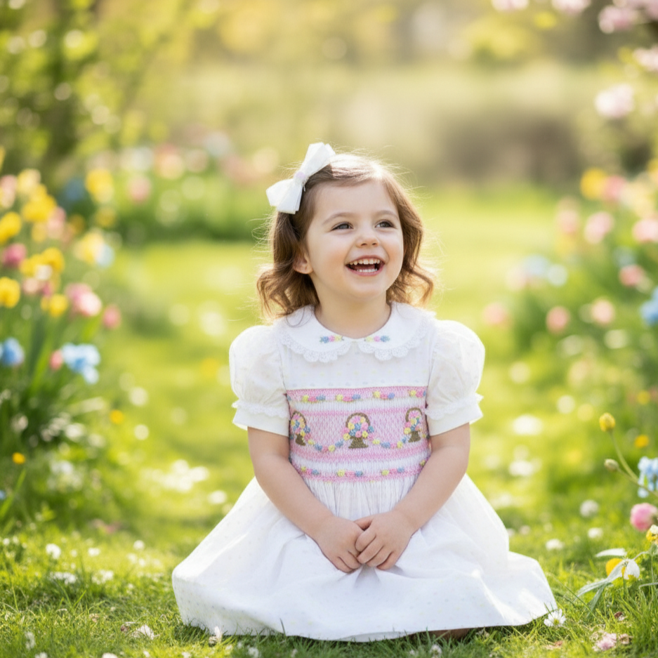 PINK FLOWER BASKET HAND SMOCKED WITH HAND EMBROIDERED DRESS
