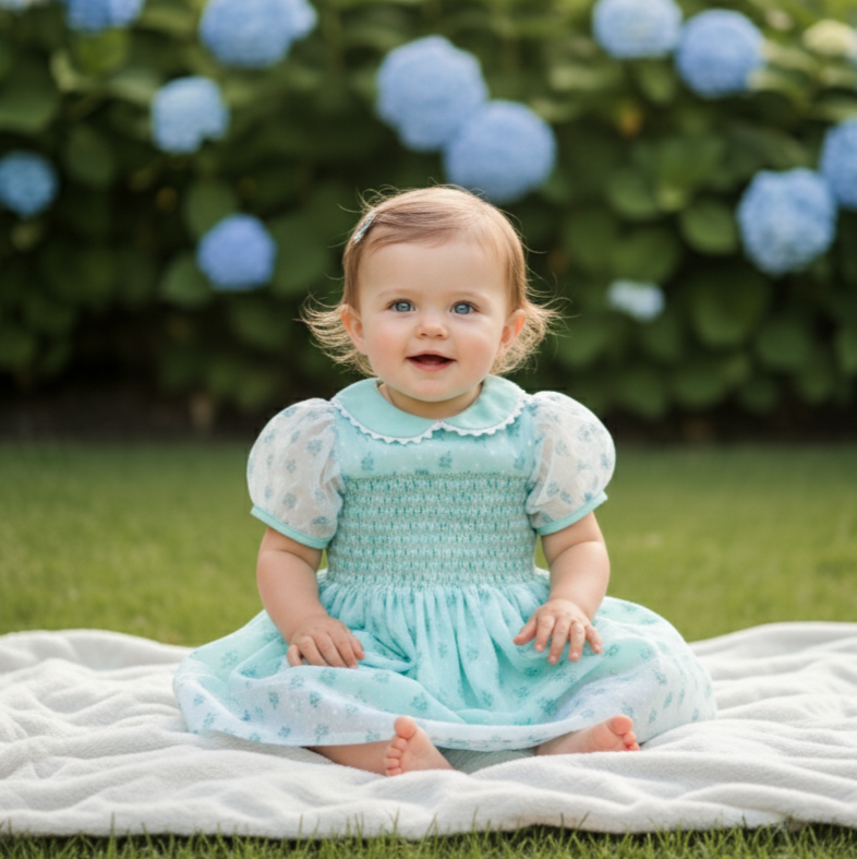 JENNY’S MINT CHIFFON SWISS DOT ROSE HAND SMOCKED DRESS